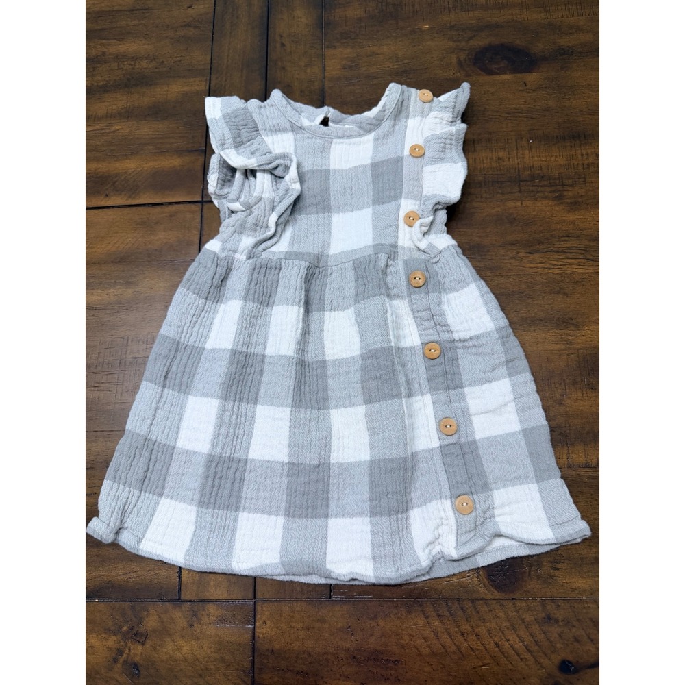City Mouse Kids Grey White Buffalo Check Cotton Gauze Flutter Sleeve Dress 2Y